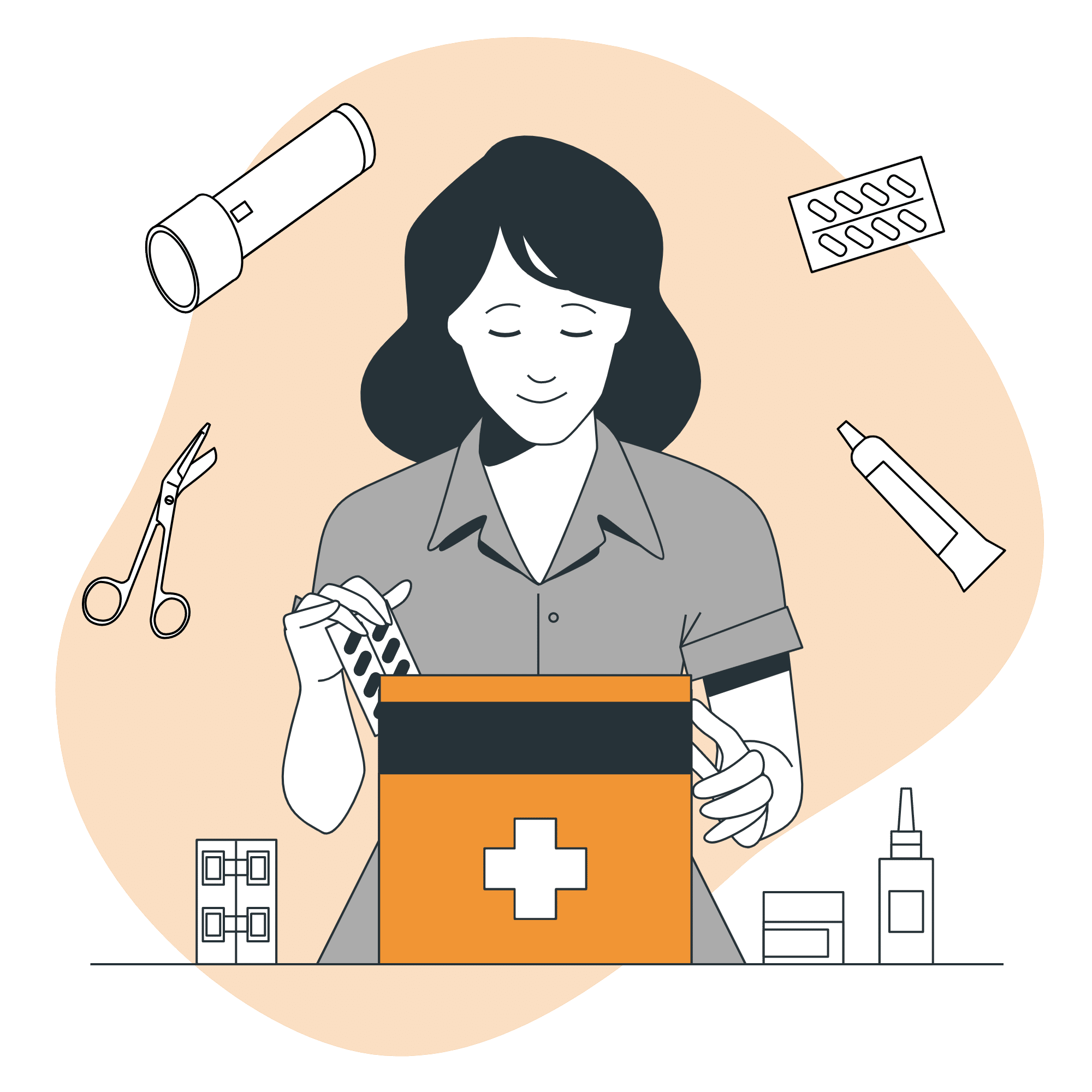 Illustration d’une infirmière sortant des médicaments et du matériel d’une trousse de secours.