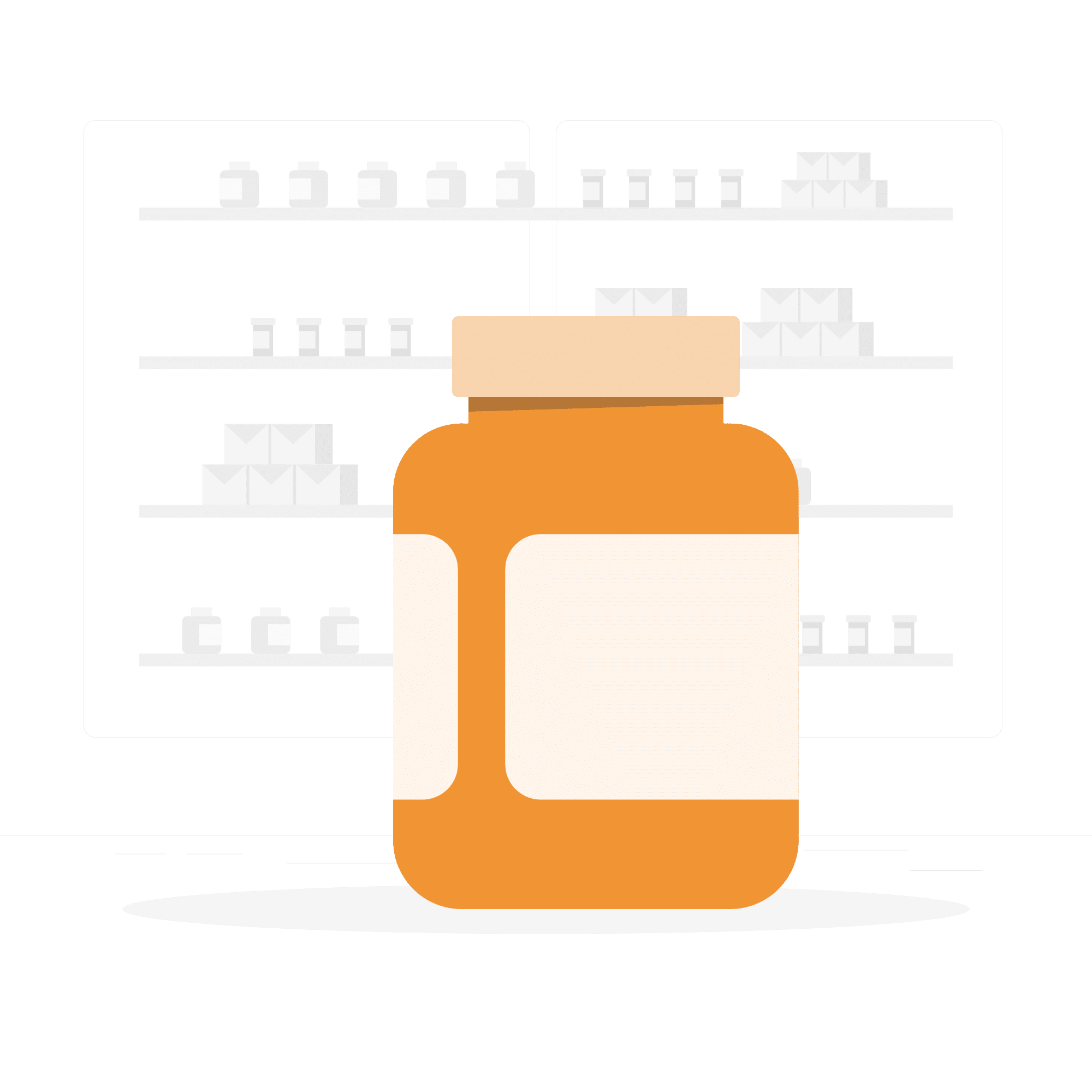 Illustration d’un flacon de médicament orange sur fond d’étagères de pharmacie.