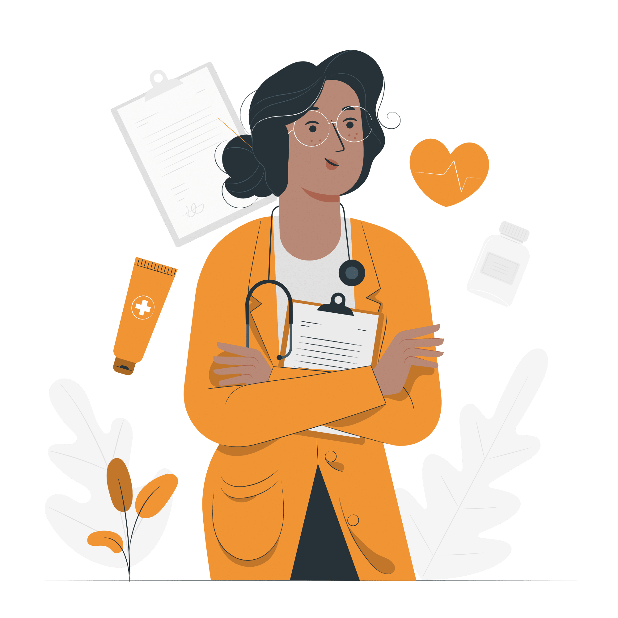 Illustration d’une infirmière tenant un dossier médical, entourée d’icônes représentant des soins et des médicaments.