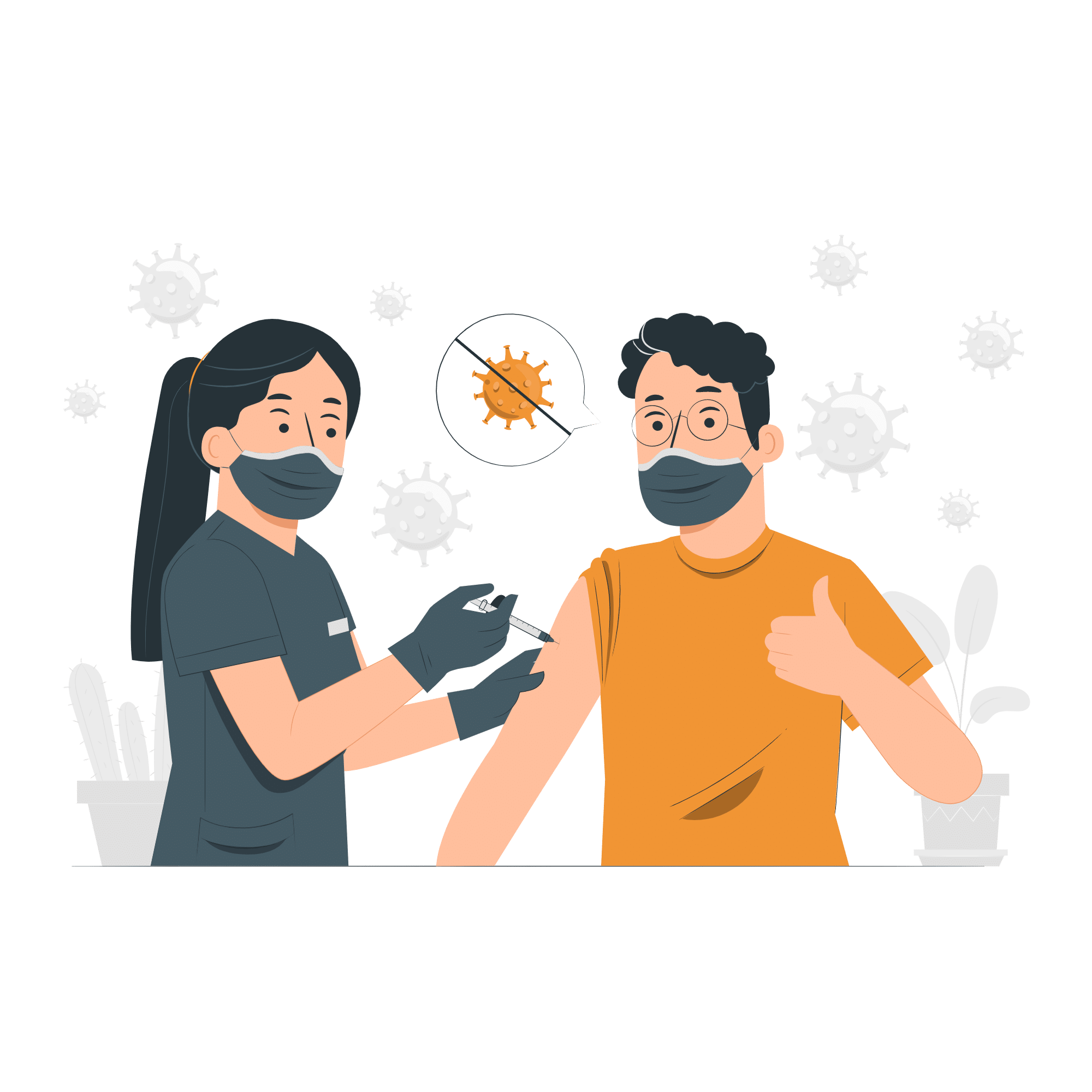Illustration d’une infirmière effectuant une injection à un patient portant un masque, avec icônes de virus barrés.