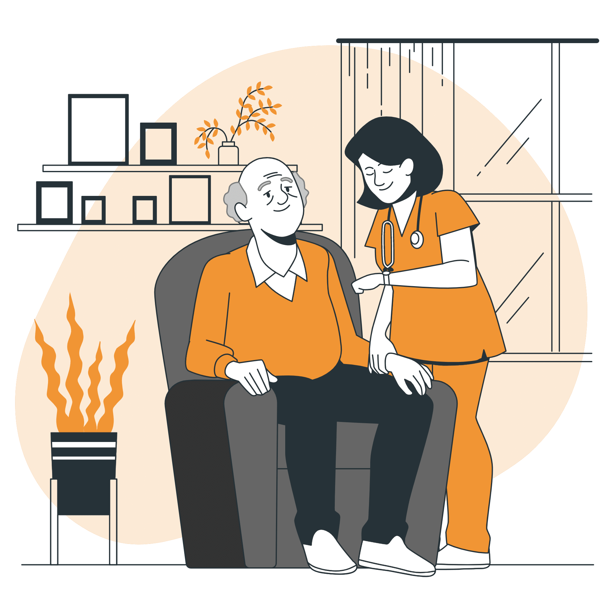 Illustration d’une infirmière prenant la tension d’un homme âgé assis dans un fauteuil, à domicile.