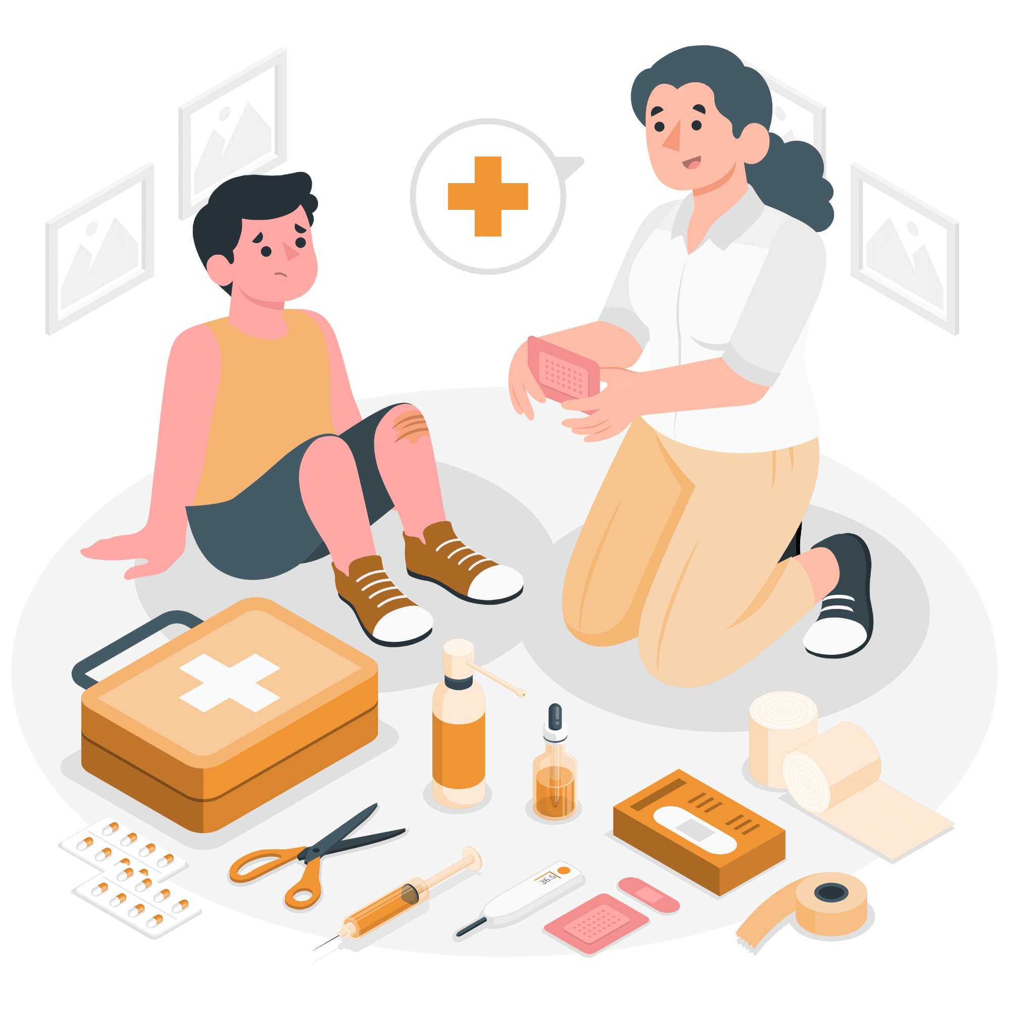 Illustration d’une femme appliquant un pansement sur le genou éraflé d’un enfant, avec matériel de premiers secours autour.
